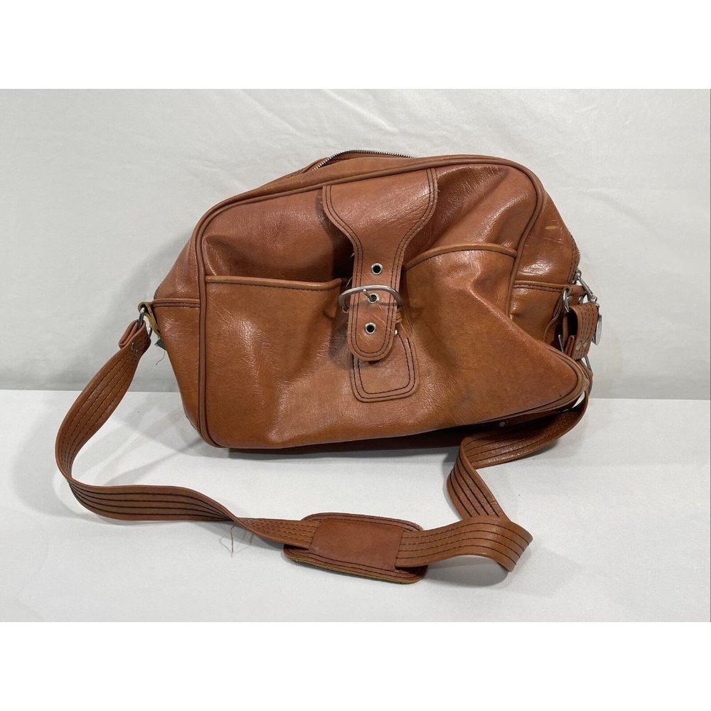 Vintage Sears Vinyl Brown Carry On Luggage Shoulder Bag Faux Leather